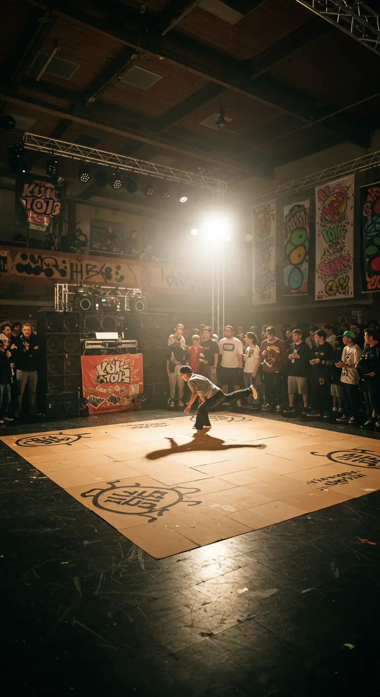 Danseur de breakdance au centre d'une piste en carton, entouré de public.
