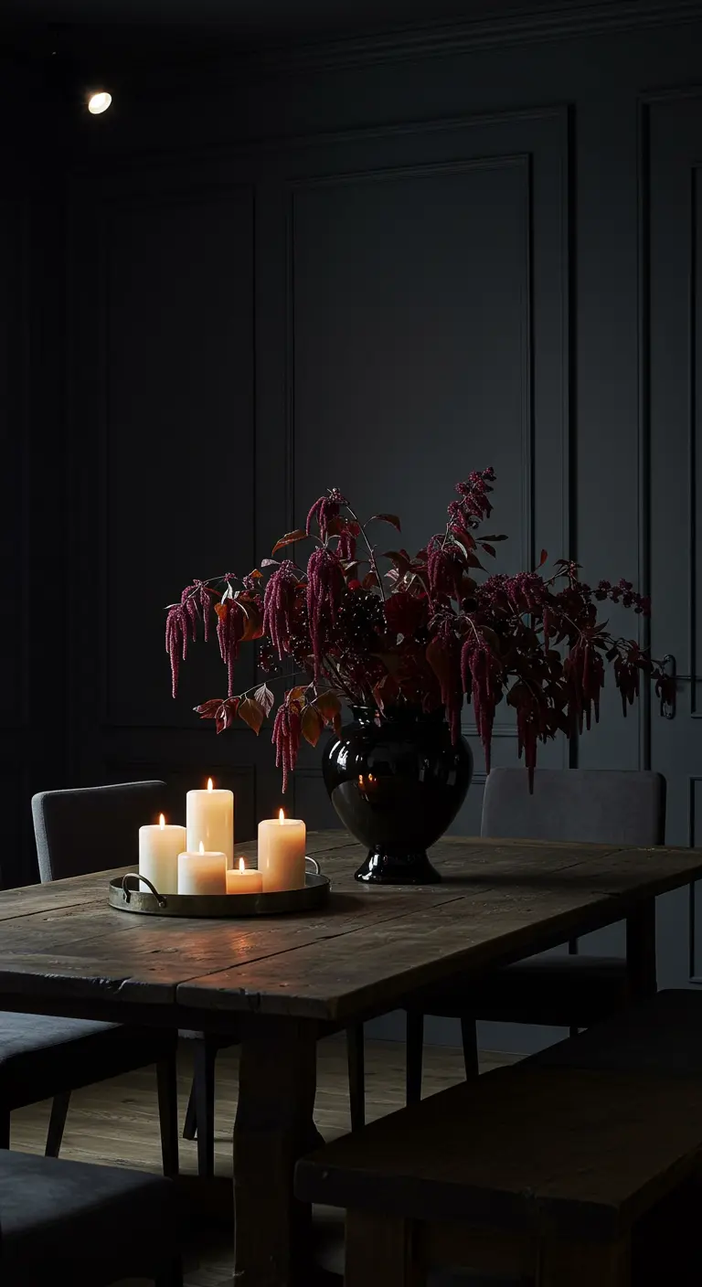 Table en bois dans une pièce sombre, avec un bouquet d'amarantes pourpres et un groupe de bougies.