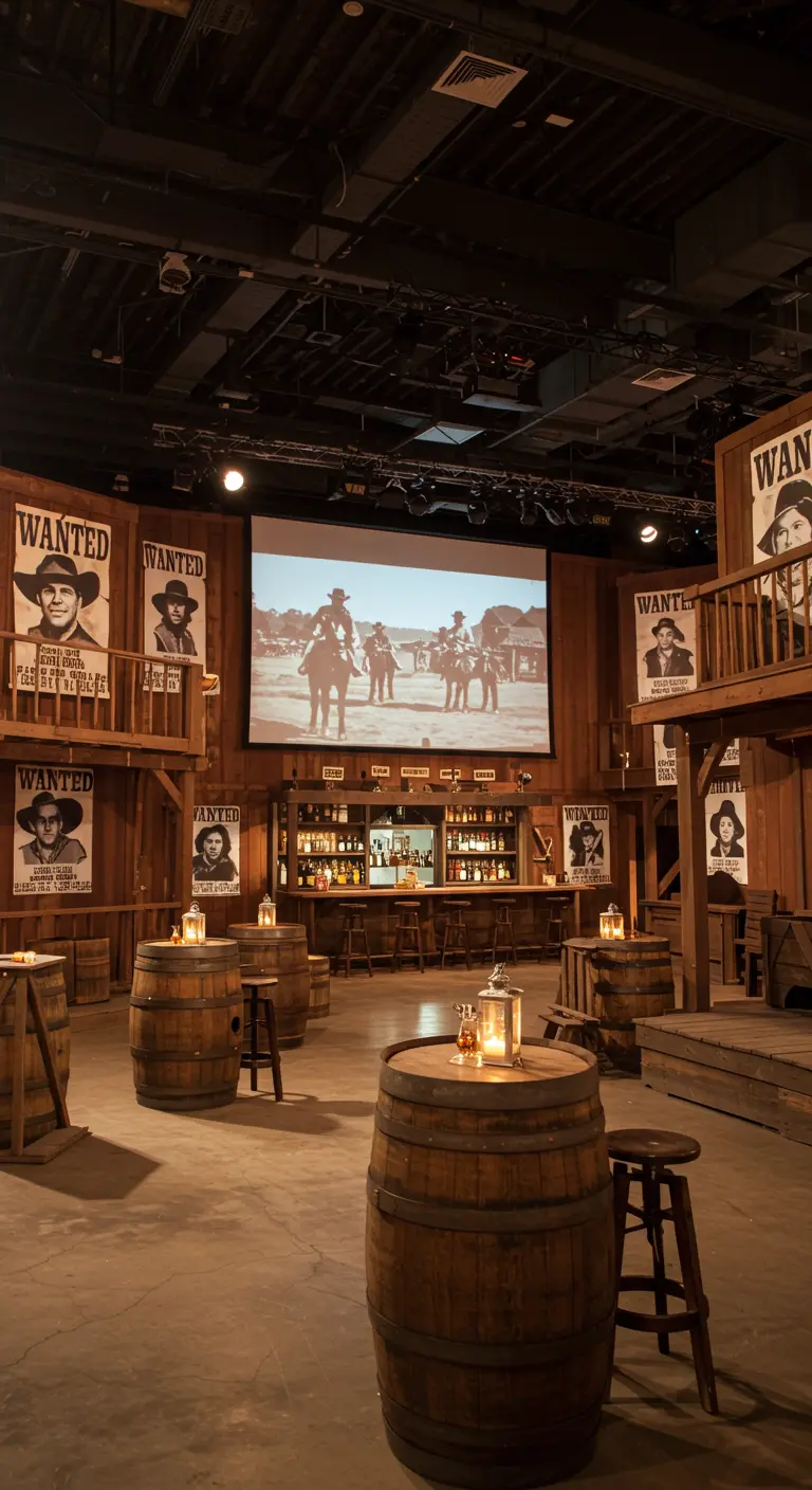 Fête sur le thème du western avec des tonneaux en guise de tables et des affiches 