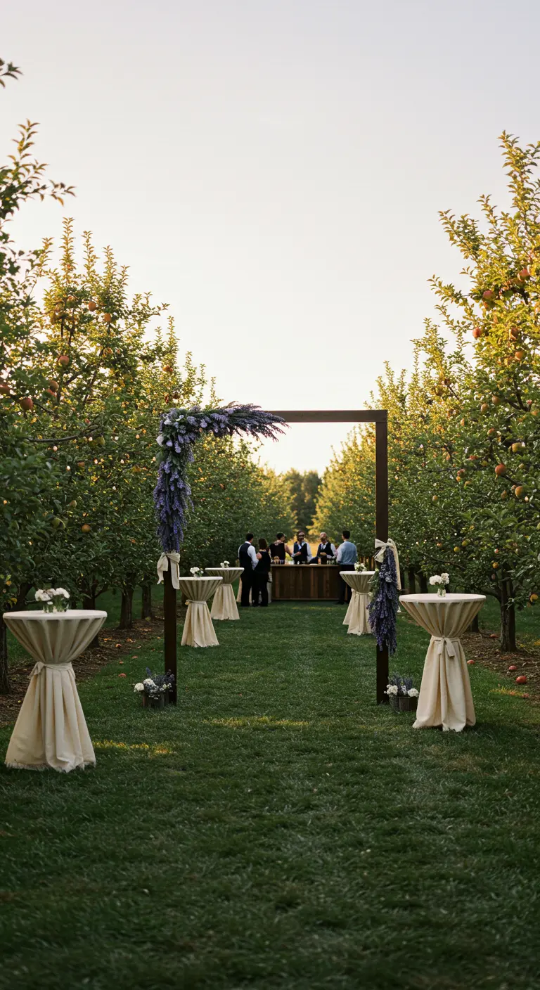 Arche en bois rectangulaire dans un verger, décorée d'une cascade de lavande.