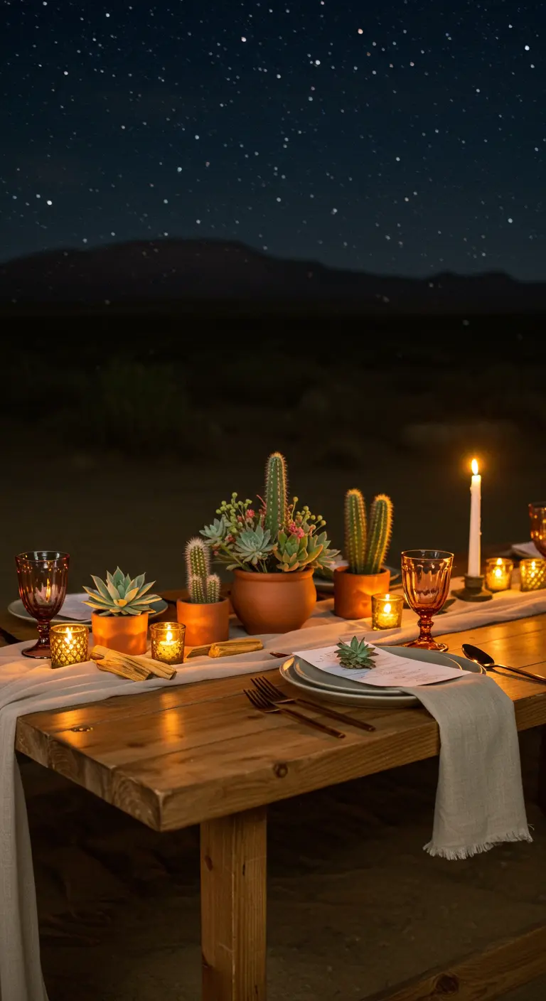 Table dans le désert la nuit, décorée de cactus et de bougies.