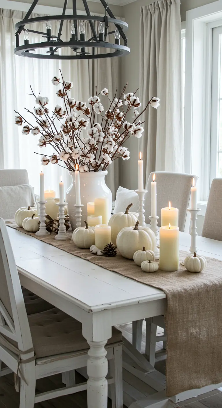 Table de ferme blanche avec des citrouilles blanches, des branches de coton et des bougies blanches.