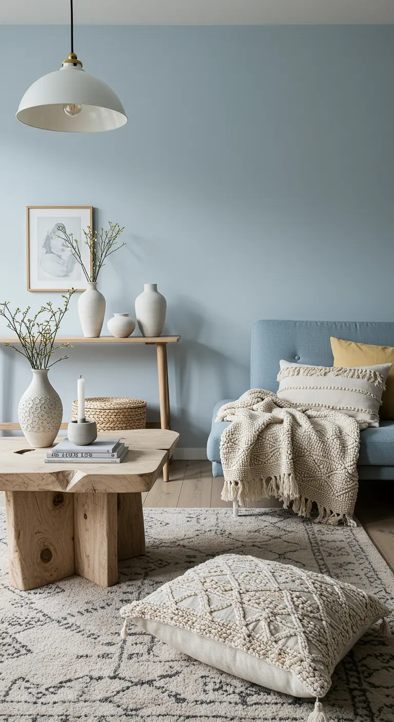 Salon avec murs bleu clair, table basse en bois brut et tapis berbère.
