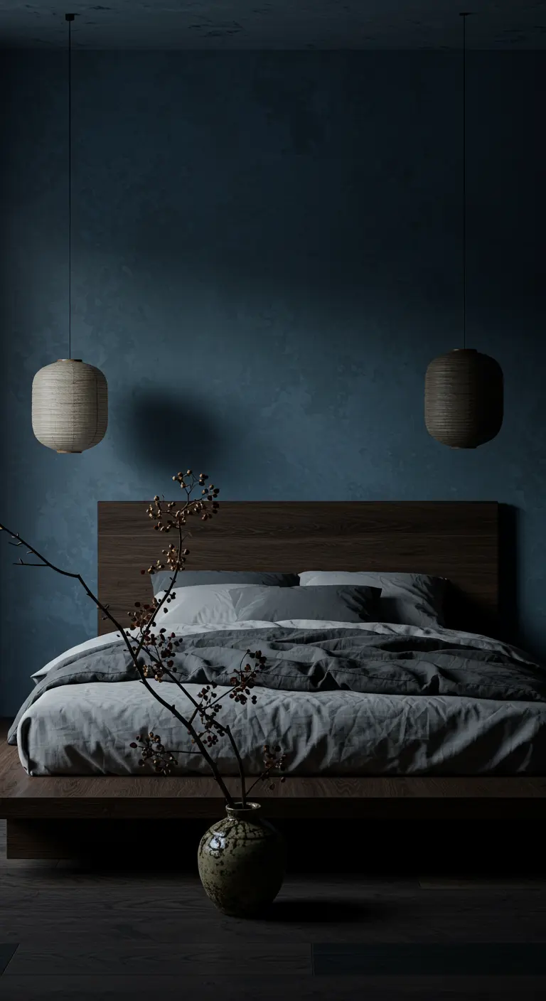 Chambre minimaliste avec murs bleu orage texturés, lit bas en bois sombre et suspensions en papier.