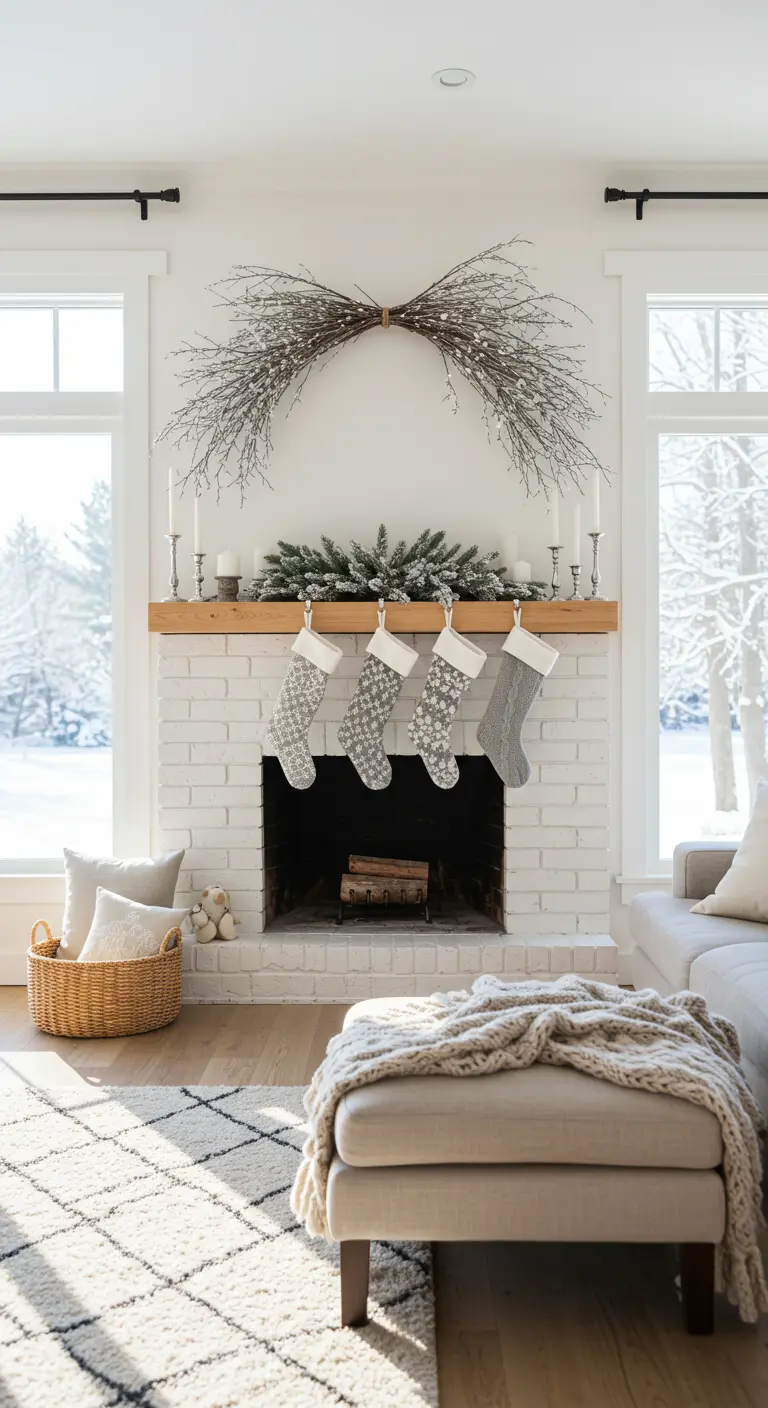 Décoration de cheminée scandinave avec branches givrées et chaussettes grises.