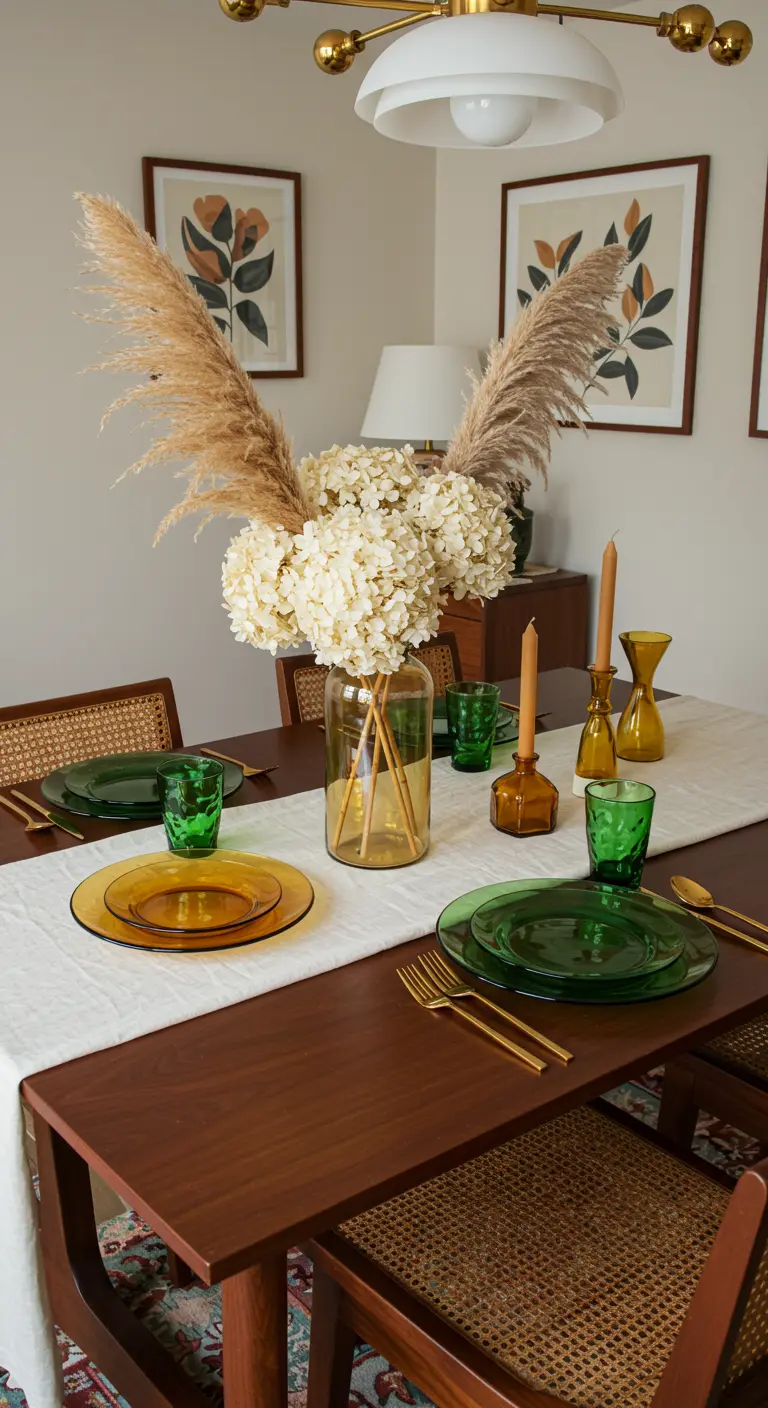 Table bohème avec vaisselle verte et ambrée, et un bouquet de pampa.