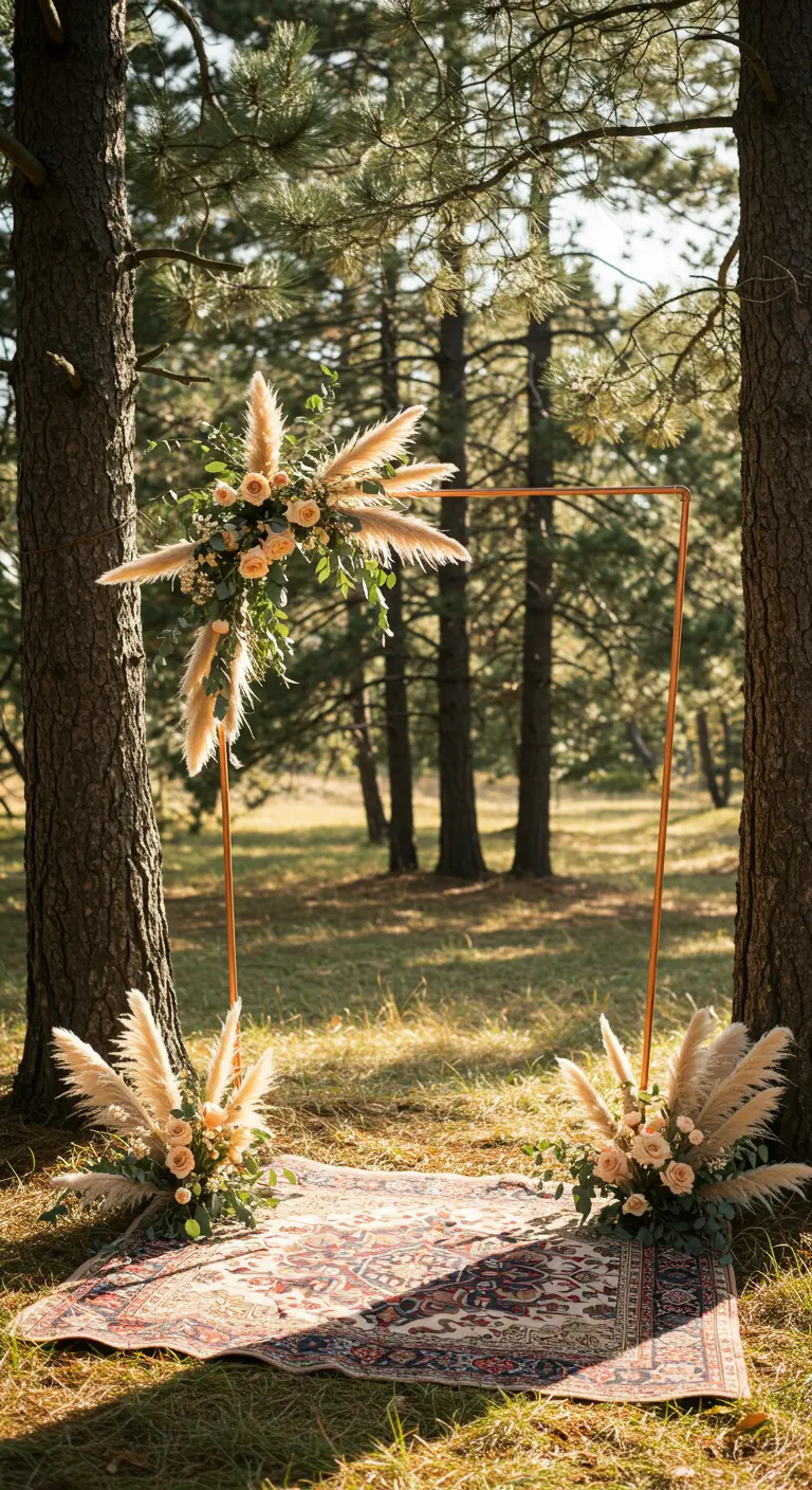 Arche de mariage carrée en cuivre avec herbe de la pampa en forêt.