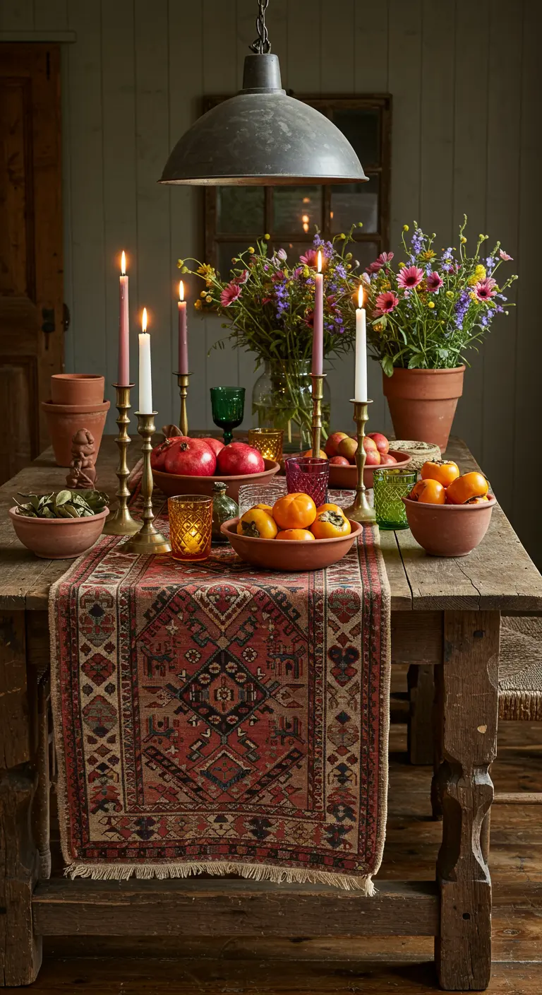 Table éclectique avec un tapis en guise de chemin de table, des fruits et des bougies colorées.