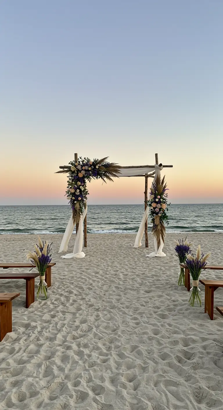 Arche de mariage bohème en bois sur une plage de sable au coucher du soleil.