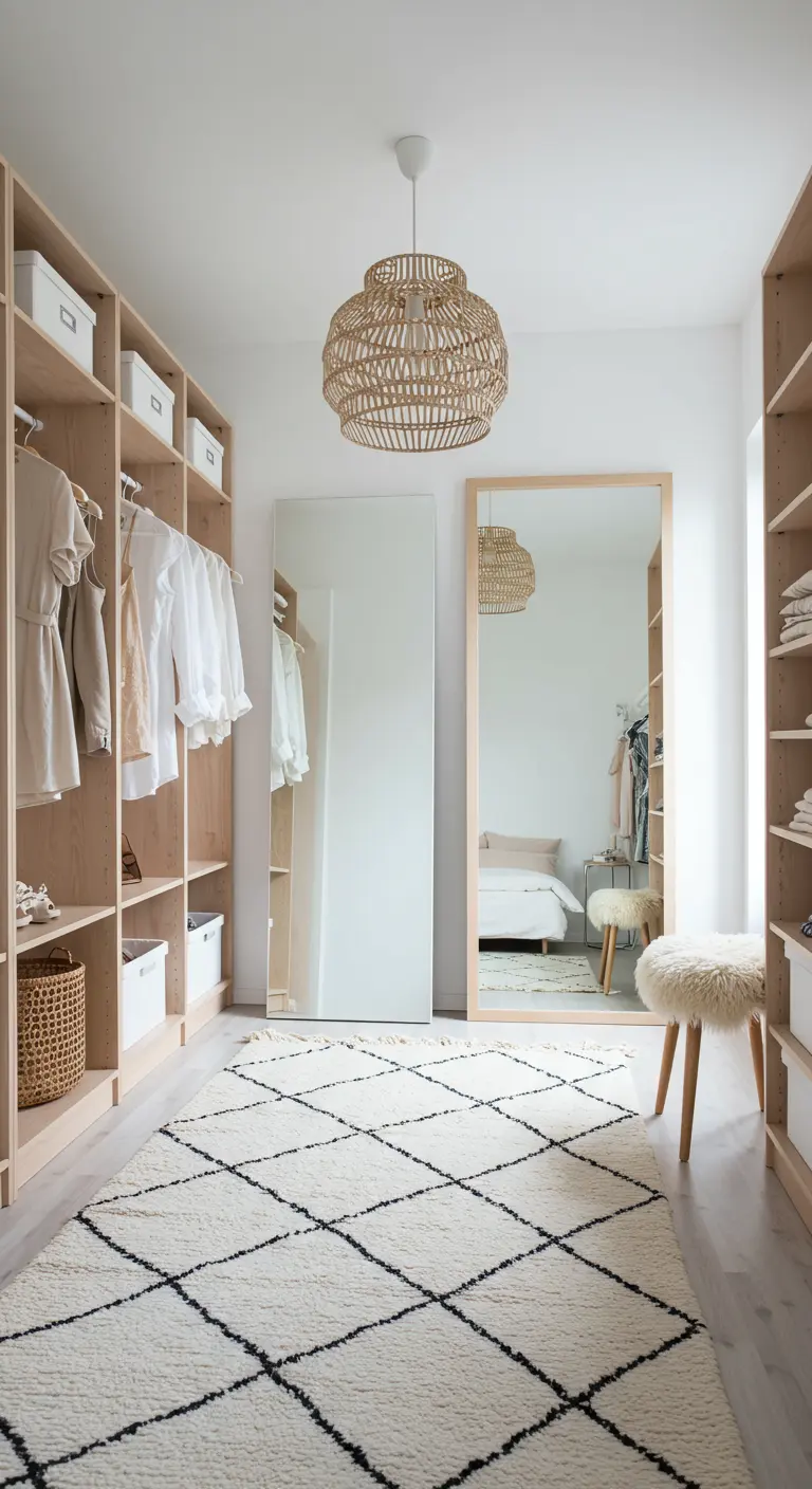 Dressing ouvert en bois clair avec des vêtements organisés, un tapis berbère et un miroir.