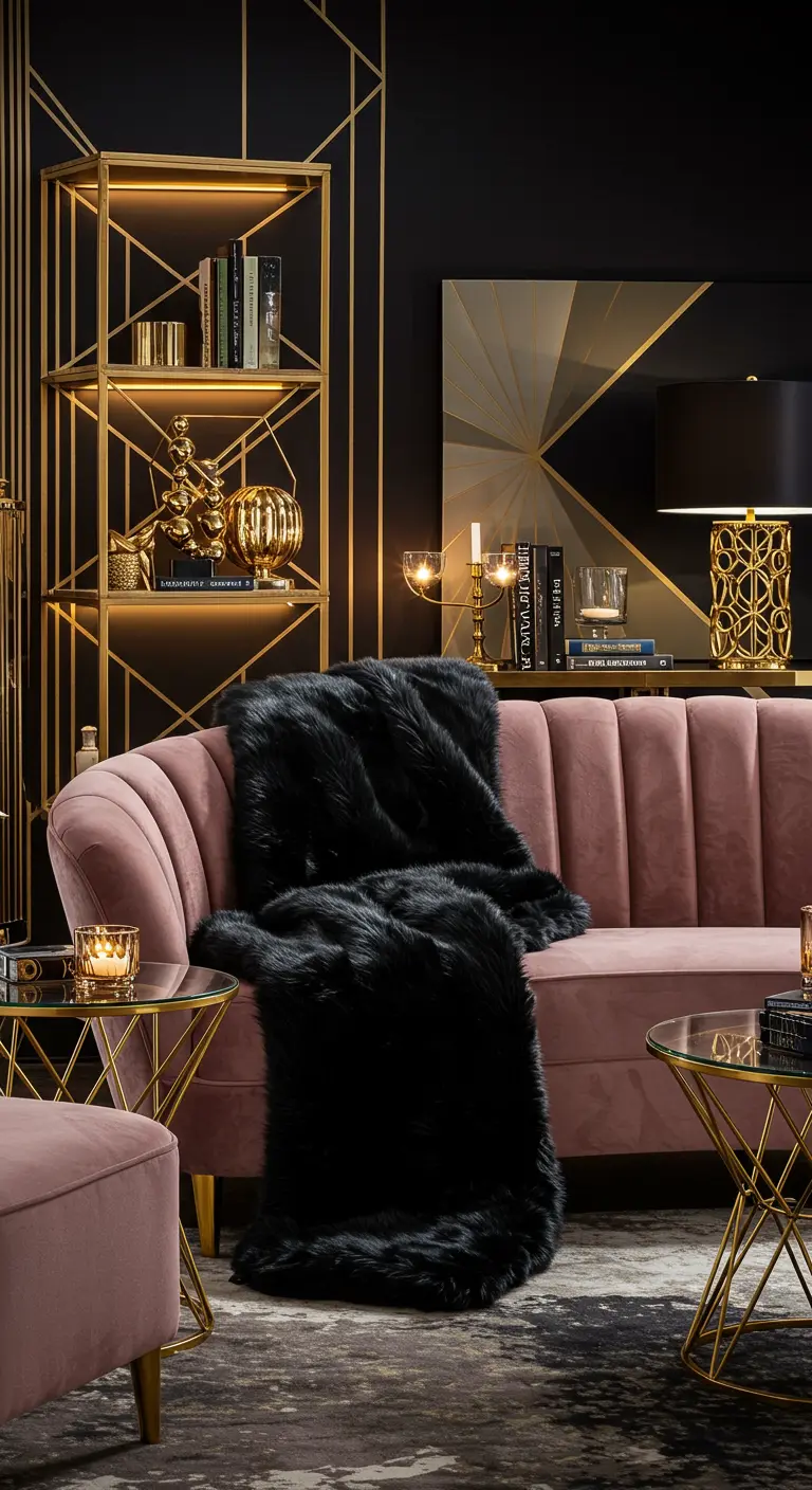 Salon Art déco avec canapé rose, plaid en fourrure noire et étagères dorées.