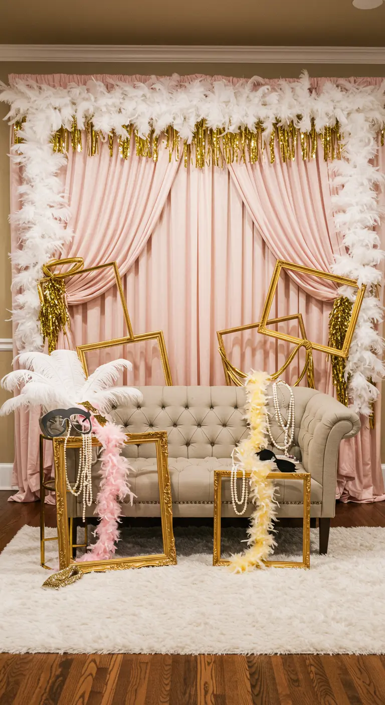 Coin photo glamour avec rideaux roses, boa de plumes blanches et canapé.