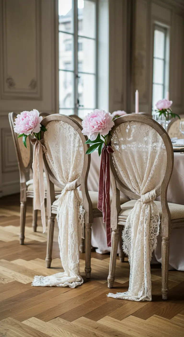 Chaises en bois de style vintage avec drapé de dentelle et pivoines roses.