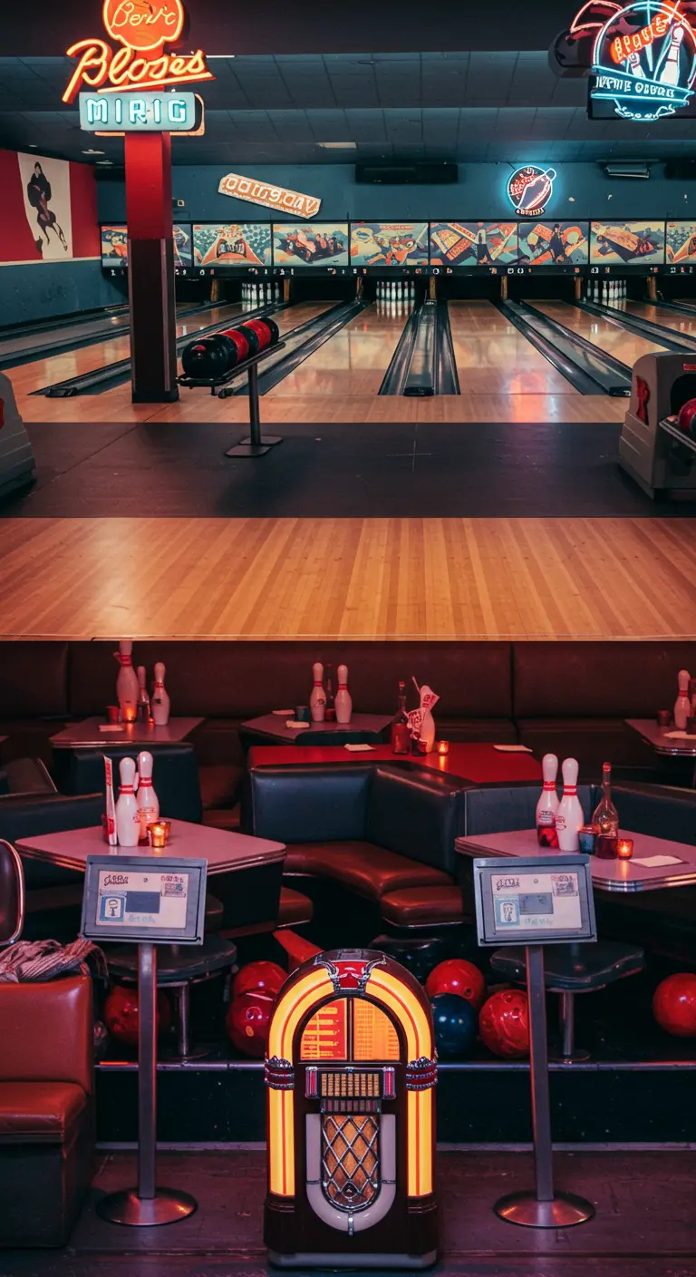 Salle de bowling vintage avec des pistes éclairées et un coin repas style diner.