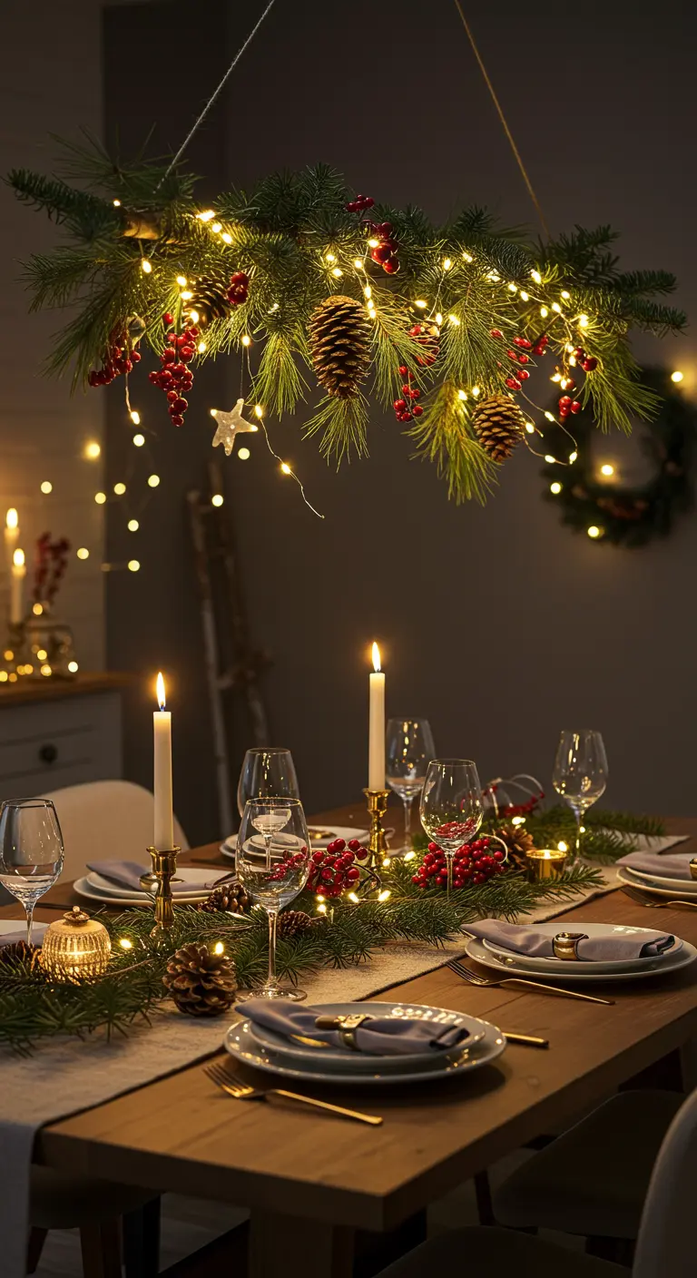 Une branche de sapin décorée de lumières, de pommes de pin et de baies rouges, suspendue au-dessus d'une table de fête.