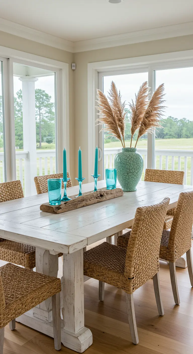Table peinte en blanc avec des chaises en jonc de mer et une décoration turquoise et bois flotté.