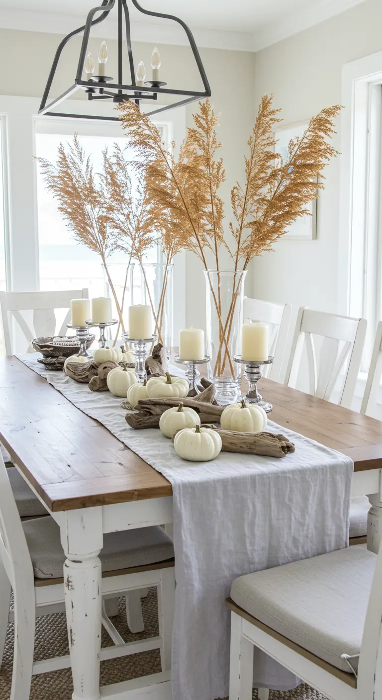 Table de salle à manger côtière avec citrouilles blanches et herbes sèches.
