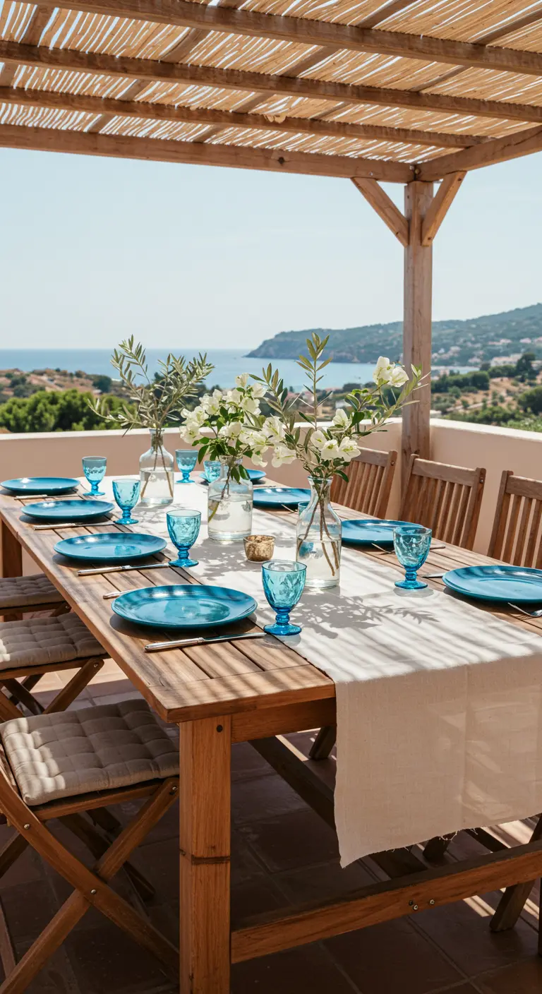 Table en bois sous une pergola avec assiettes bleues et vue sur la mer.
