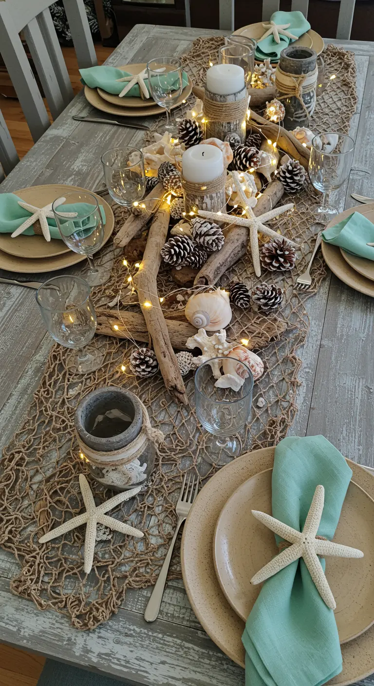 Décor de table sur le thème de la mer avec du bois flotté et des étoiles de mer.