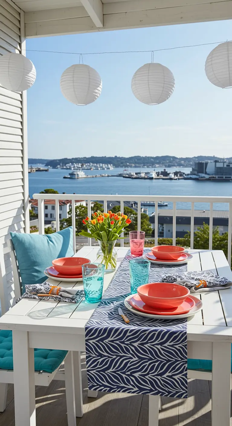Table de balcon avec vue sur la mer, vaisselle corail et chemin de table bleu