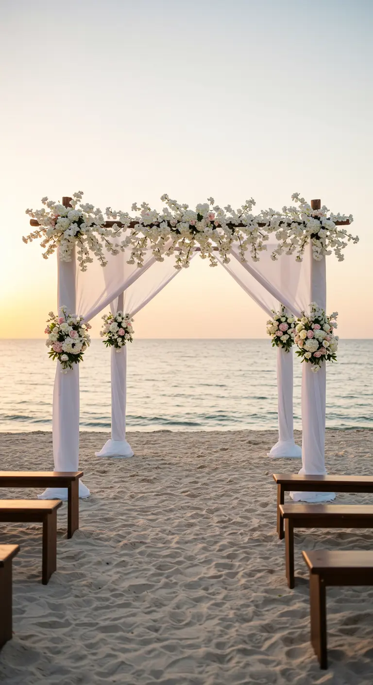 Arche de mariage en bois sur une plage, avec voilage blanc et fleurs roses.
