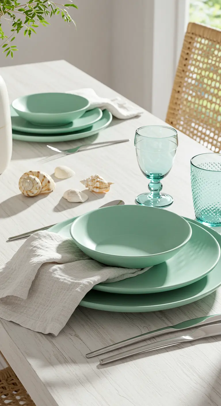 Vaisselle vert d'eau avec des coquillages pour une ambiance marine.