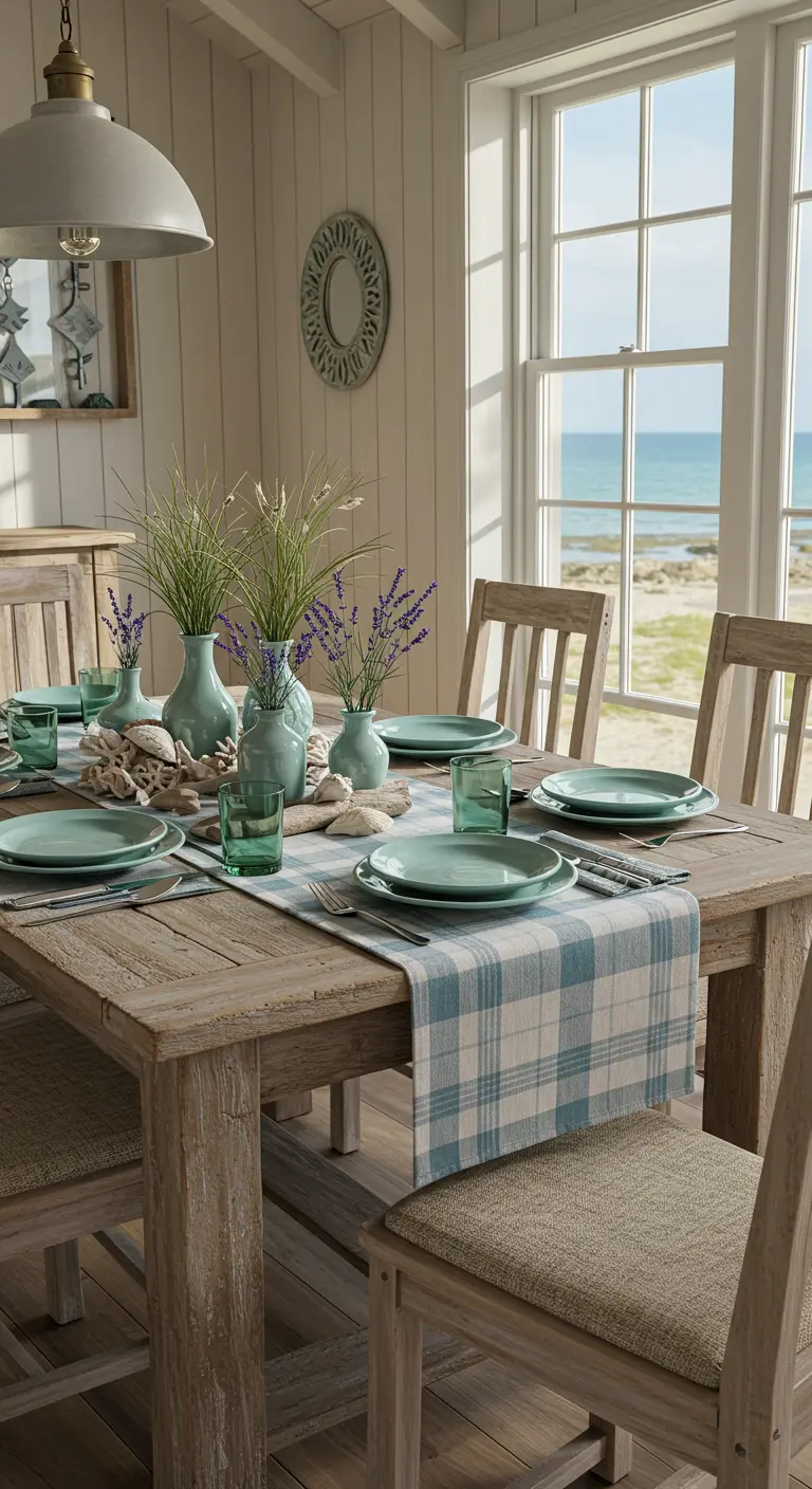 Table de style côtier avec chemin de table bleu-vert et bouquets de lavande.