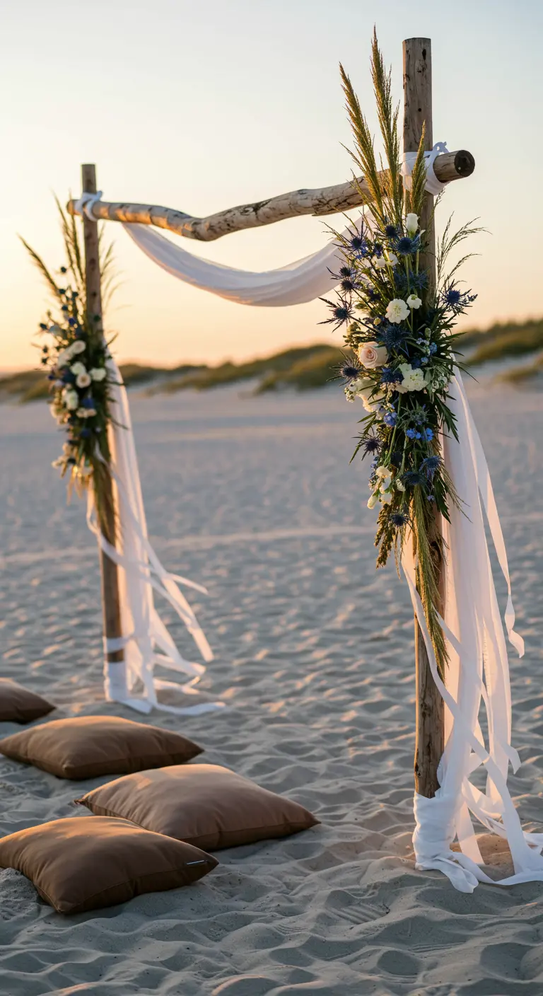 Arche de mariage en bois flotté avec voilage blanc sur la plage.