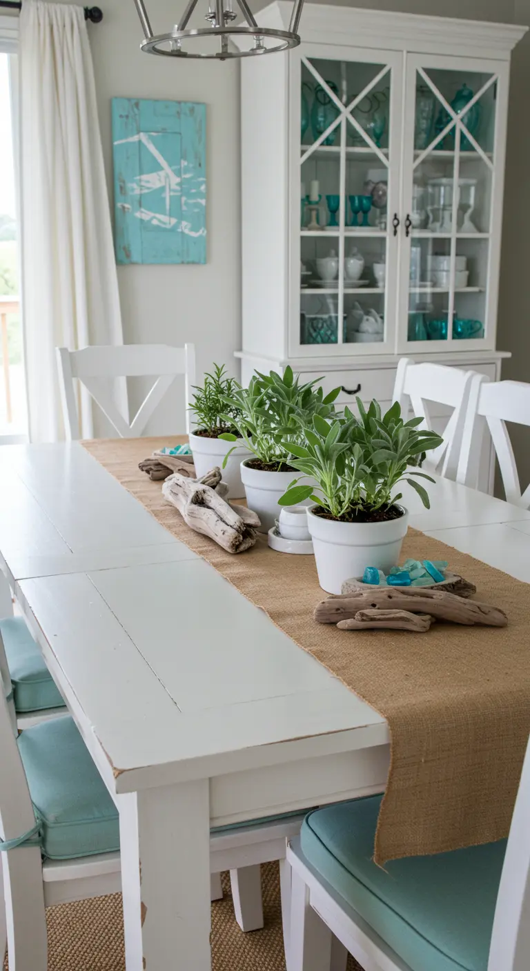 Table blanche de style côtier avec un chemin de table en jute, du bois flotté et des plantes en pot.