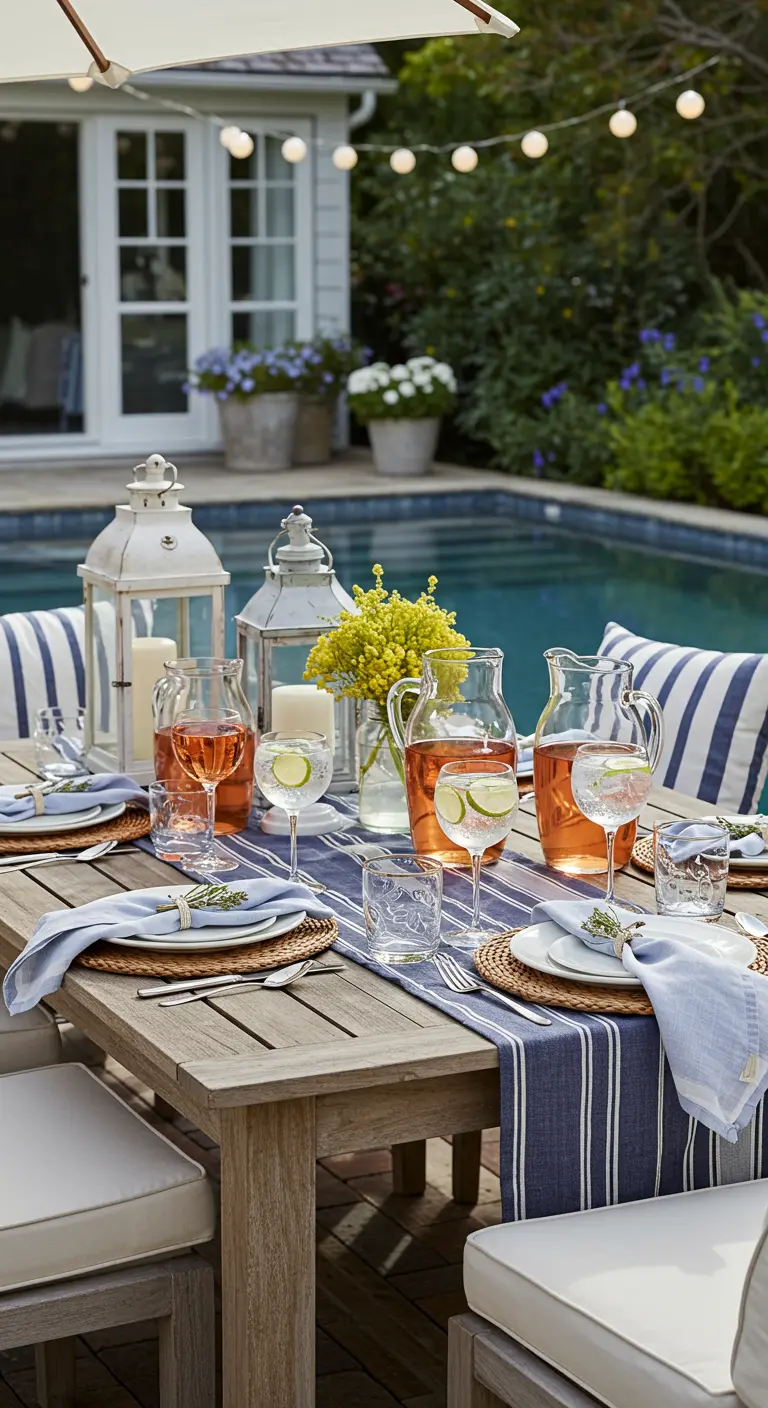 Table d'été avec une nappe et des coussins à rayures bleues et blanches.