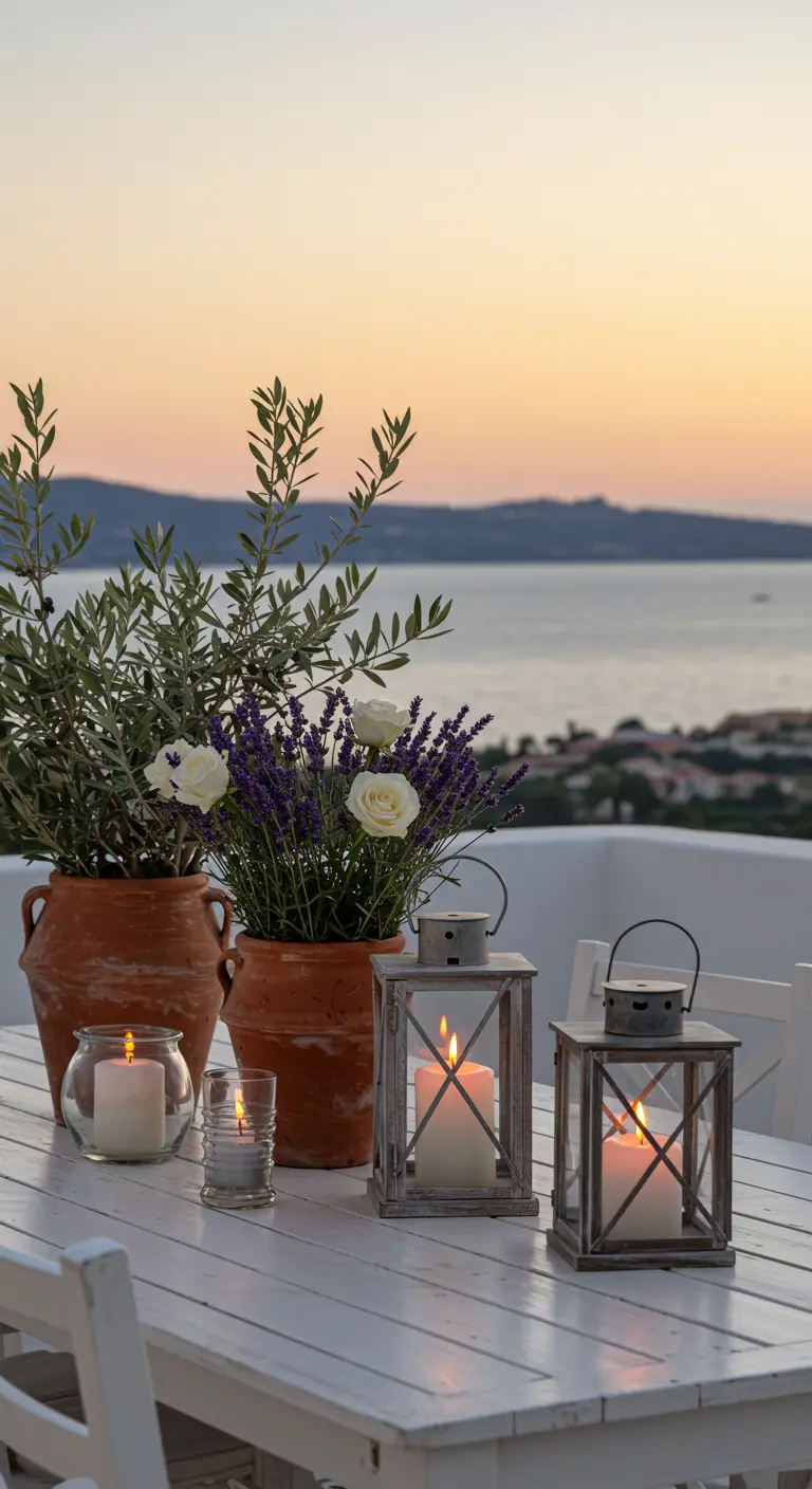 Pots en terre cuite avec lavande et oliviers sur une table blanche, avec des lanternes au coucher du soleil.