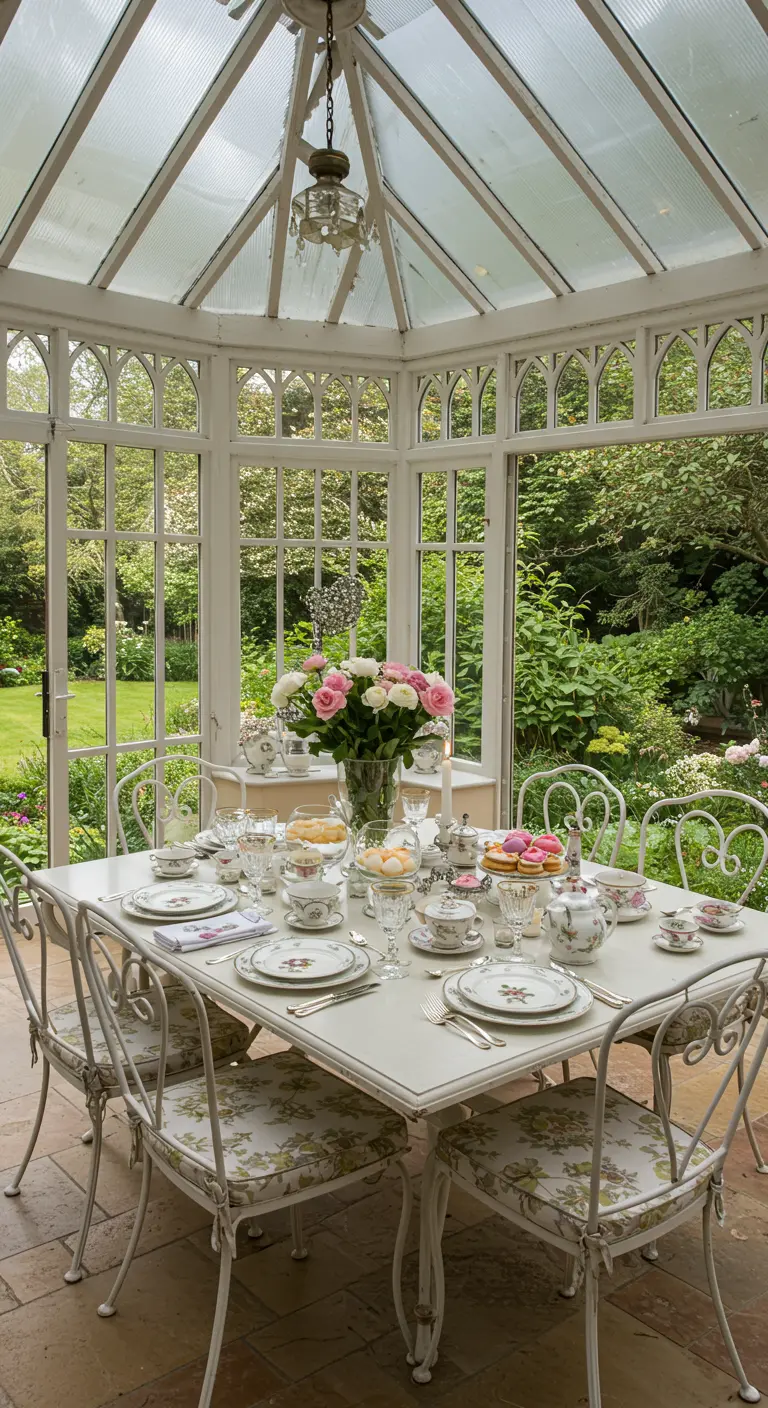 Table élégante dressée dans une véranda lumineuse, avec de la vaisselle florale et un bouquet de roses.
