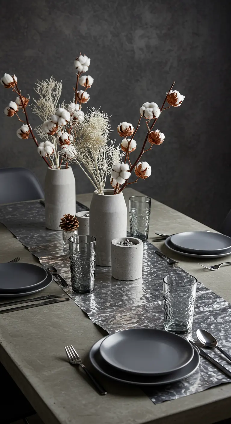 Table en béton avec chemin de table argenté métallique et branches de coton dans des vases.