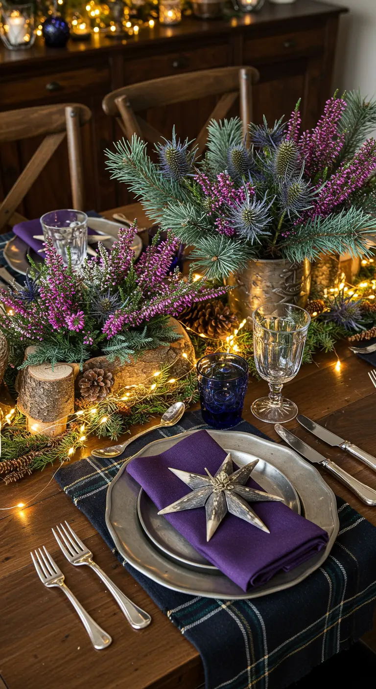 Décor de table avec des fleurs de bruyère violettes, du bois et des serviettes assorties.
