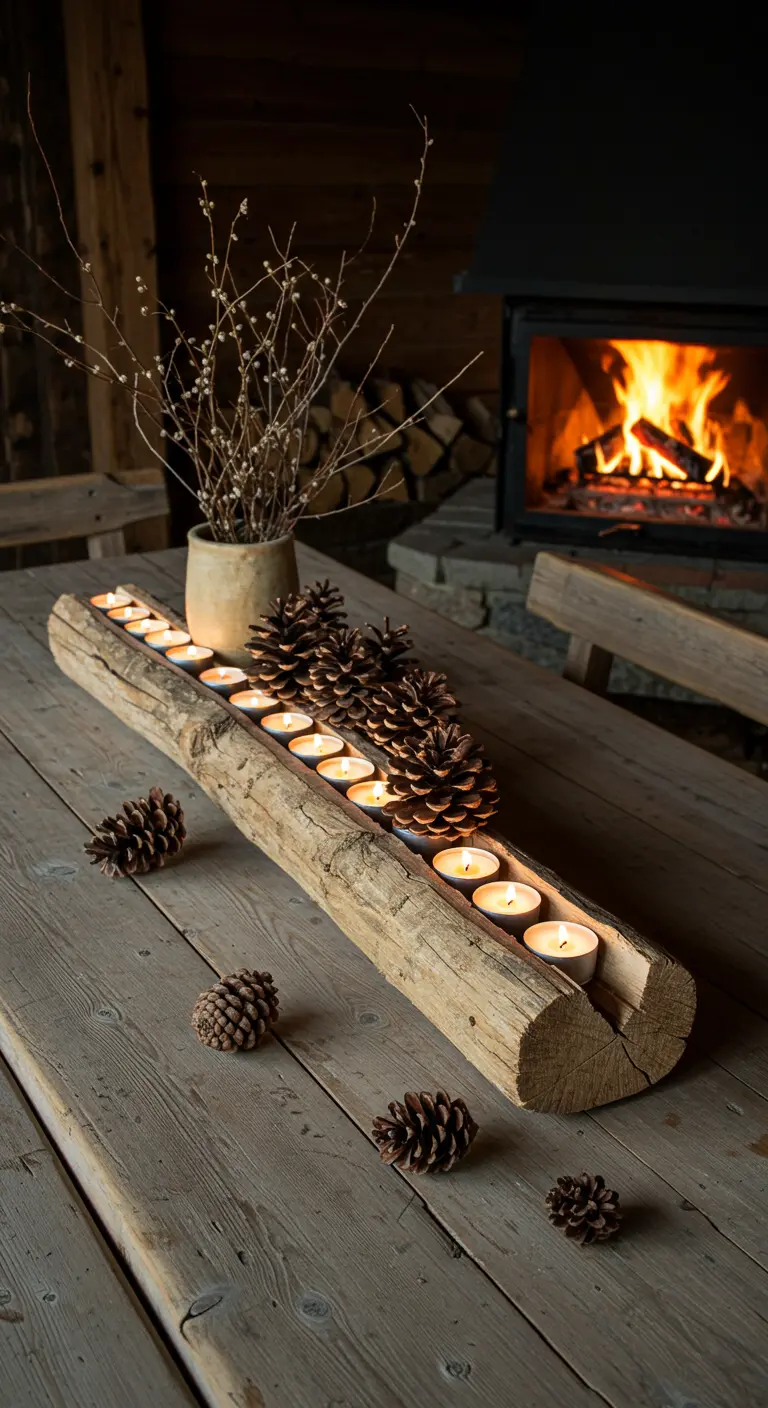 Bûche en bois creusée pour accueillir des bougies chauffe-plat, entourée de pommes de pin.