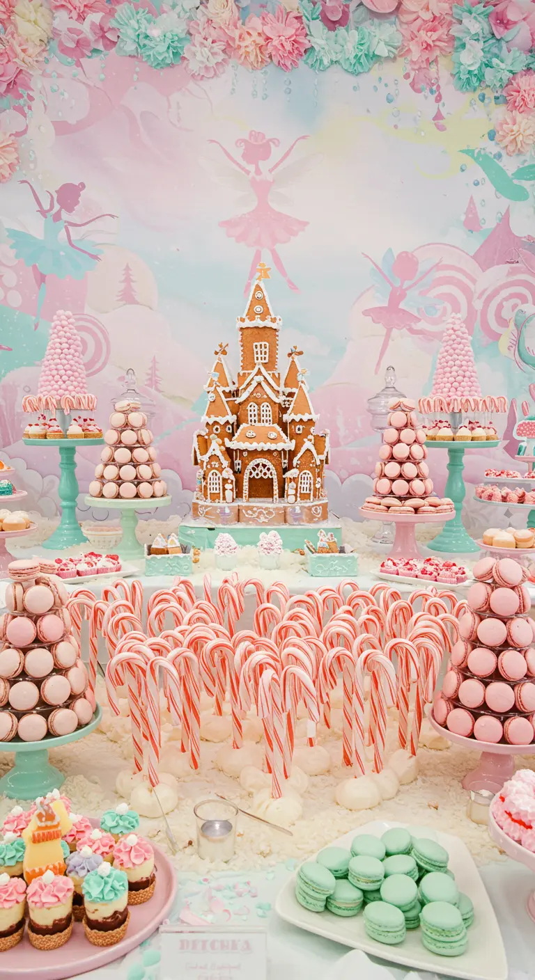 Buffet de pâtisseries pastel avec maison en pain d'épices, thème Casse-Noisette.