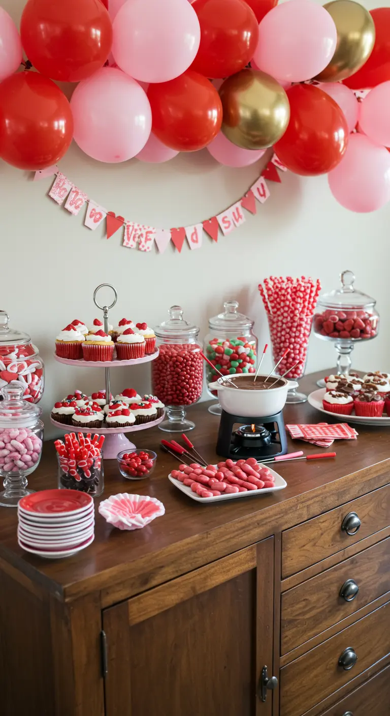 Un buffet de desserts de la Saint-Valentin avec des bonbons, des cupcakes et des ballons.