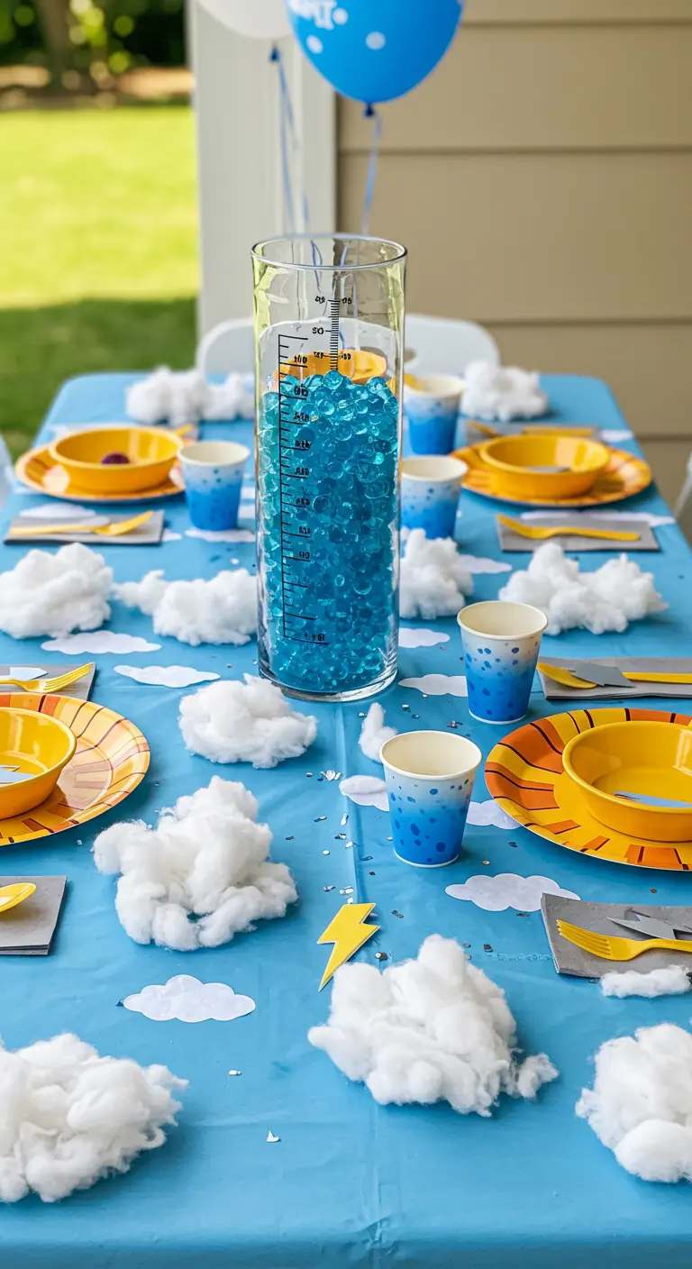 Table sur le thème de la météo avec des nuages en coton et une nappe bleue.