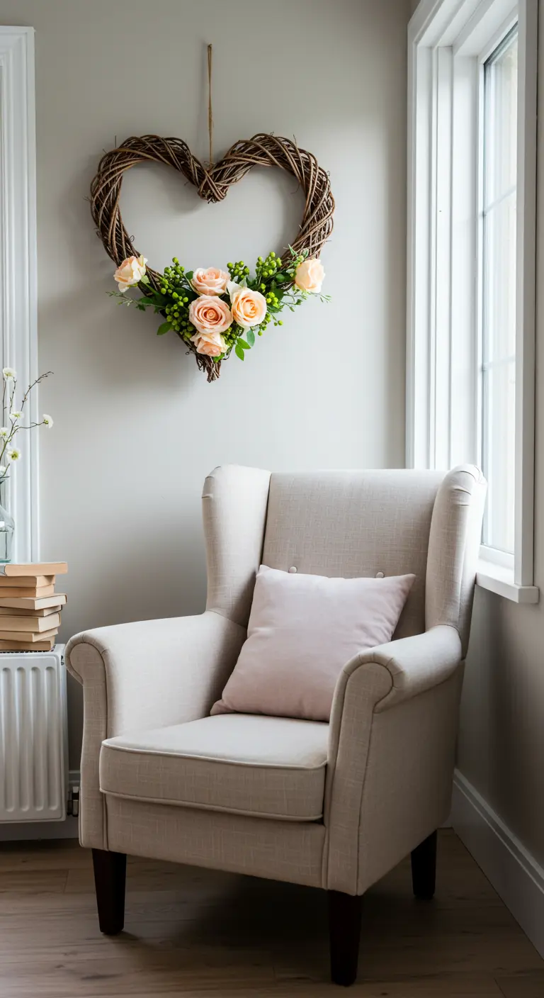 Couronne en forme de cœur en sarments de vigne avec des roses pêche.