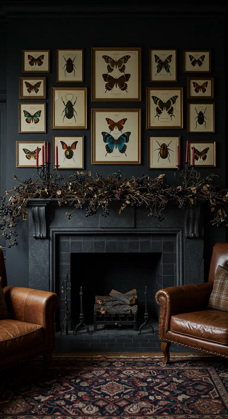 Cheminée noire avec un mur de cadres d'insectes et une guirlande de baies sombres.