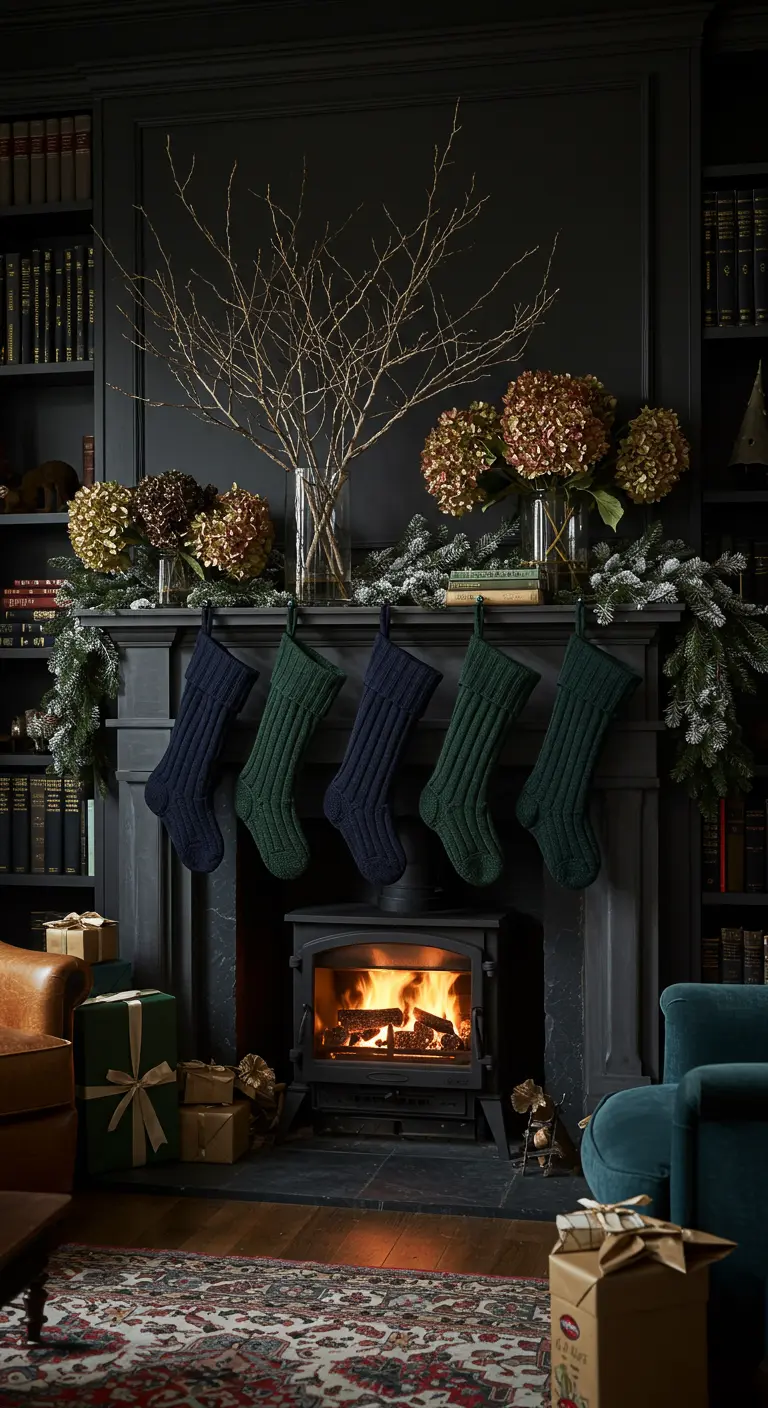Cheminée sombre avec chaussettes bleu marine et vertes, et des hortensias séchés.