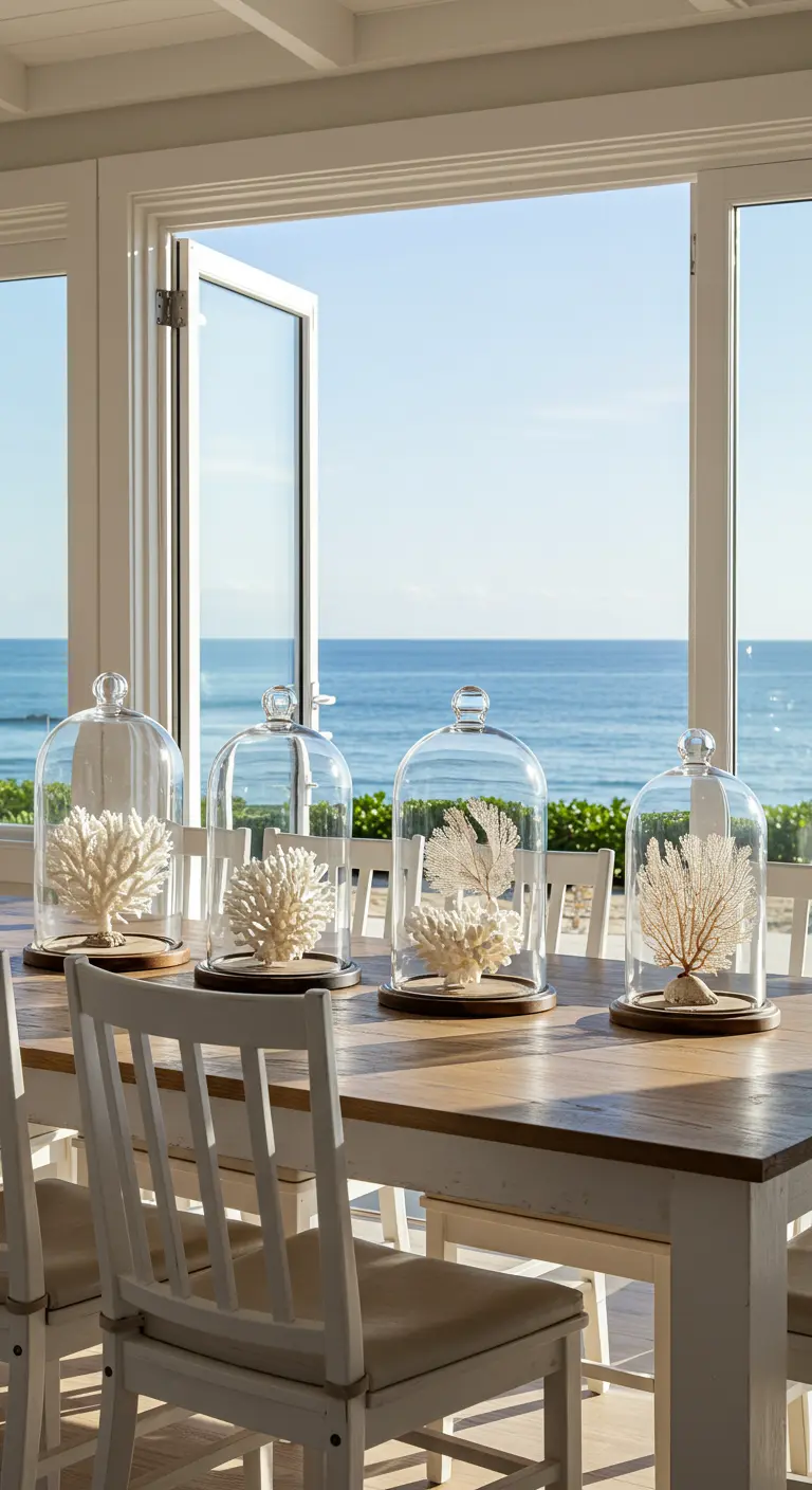 Quatre cloches en verre contenant des coraux blancs alignées sur une table en bois.