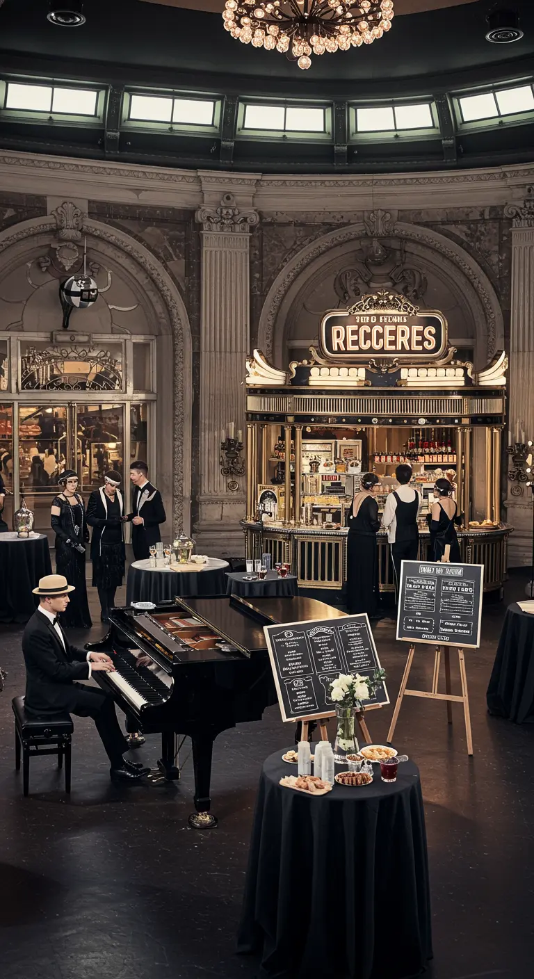 Scène de café rétro avec un pianiste, style années 20.