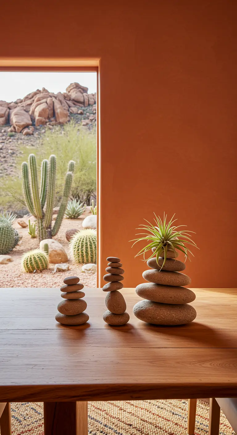Plusieurs piles de galets équilibrés (cairns) sur une table en bois, avec une plante aérienne.