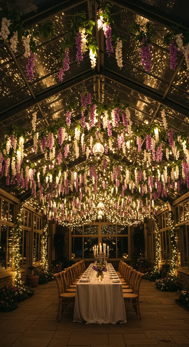Plafond d'une serre couvert de guirlandes et de glycines suspendues au-dessus d'une longue table.