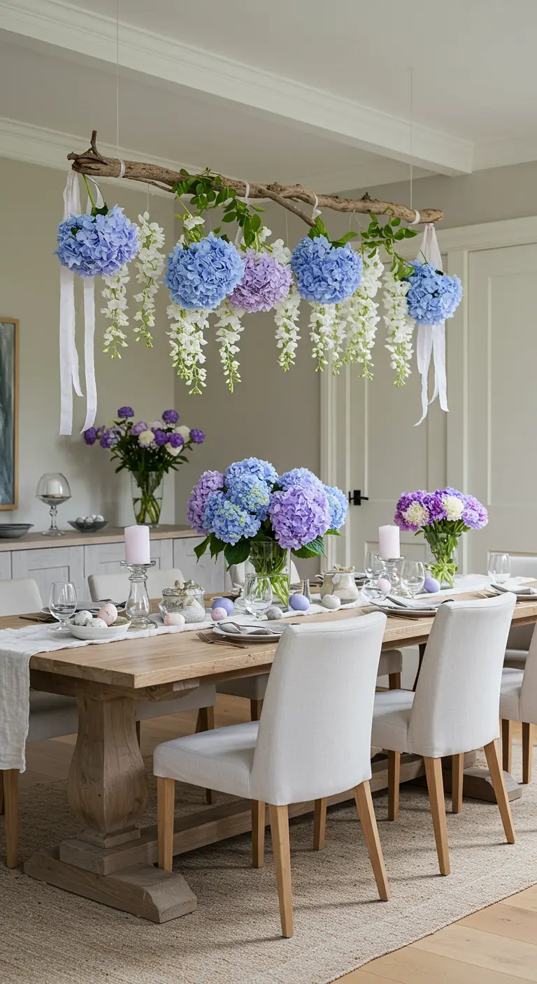 Branche suspendue avec des hortensias bleus et blancs au-dessus d'une table de Pâques.