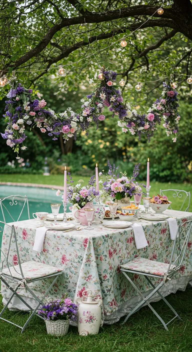 Table de jardin romantique avec une guirlande de fleurs suspendue au-dessus.