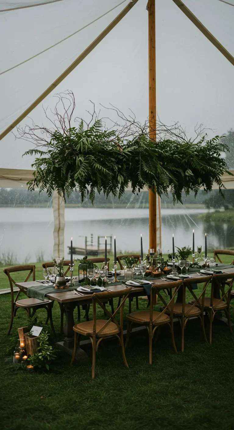 Table de mariage sous une tente avec une suspension massive de fougères.