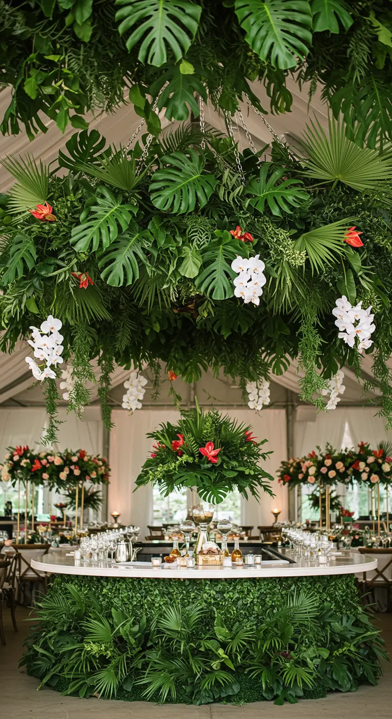 Structure suspendue recouverte de feuilles de monstera au-dessus d'un bar.