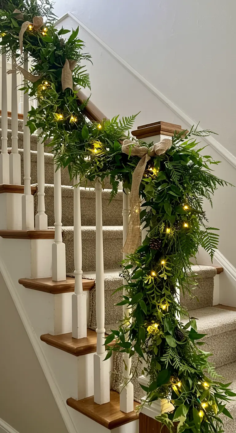 Guirlande très fournie en feuillages variés et frais, avec des nœuds en toile de jute.